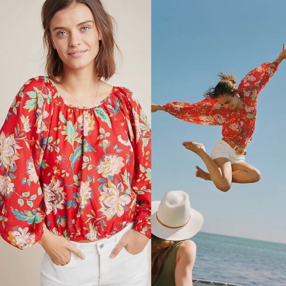 MAEVE BY ANTHROPOLOGIE SUMMER FLORAL CROP LONG SLEEVE BLOUSE TOP BOHO FLIRTY S